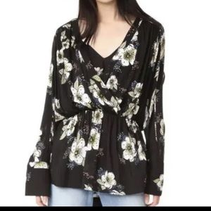 Free People Womens Size Medium Tuscan Dreams Black Floral Printed Tunic Blouse